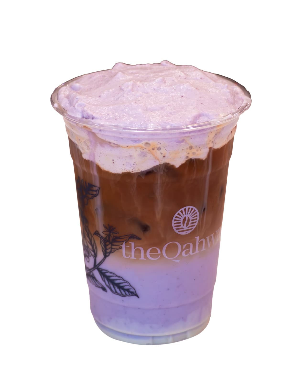 Blueberry Latte in a clear theQahwa cup — espresso, milk, and blueberry layered over ice under a thick lavender-cream top.