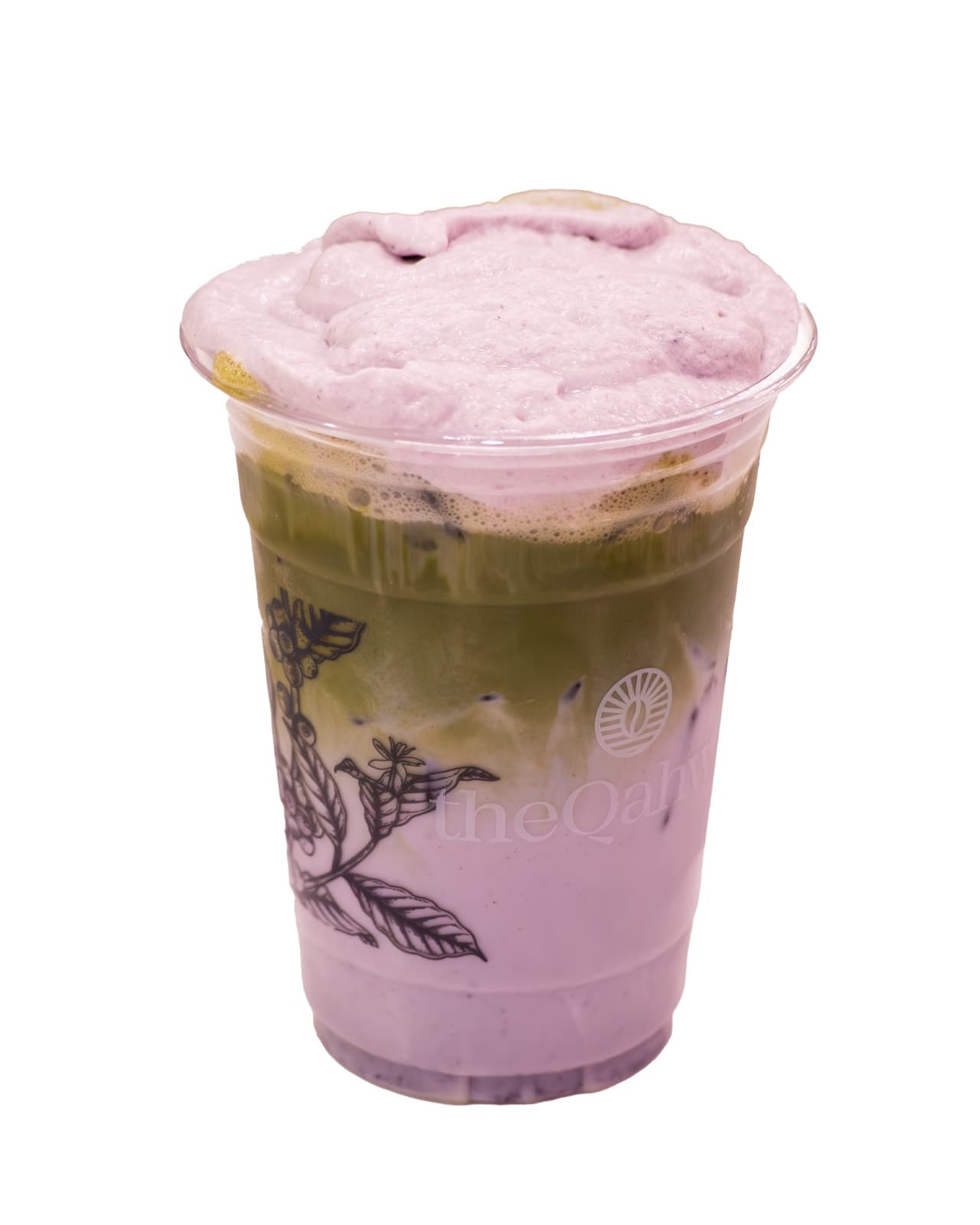 Blueberry Matcha in a clear theQahwa cup — whisked matcha layered over a blueberry-milk base, topped with a soft lavender-pink berry cream.