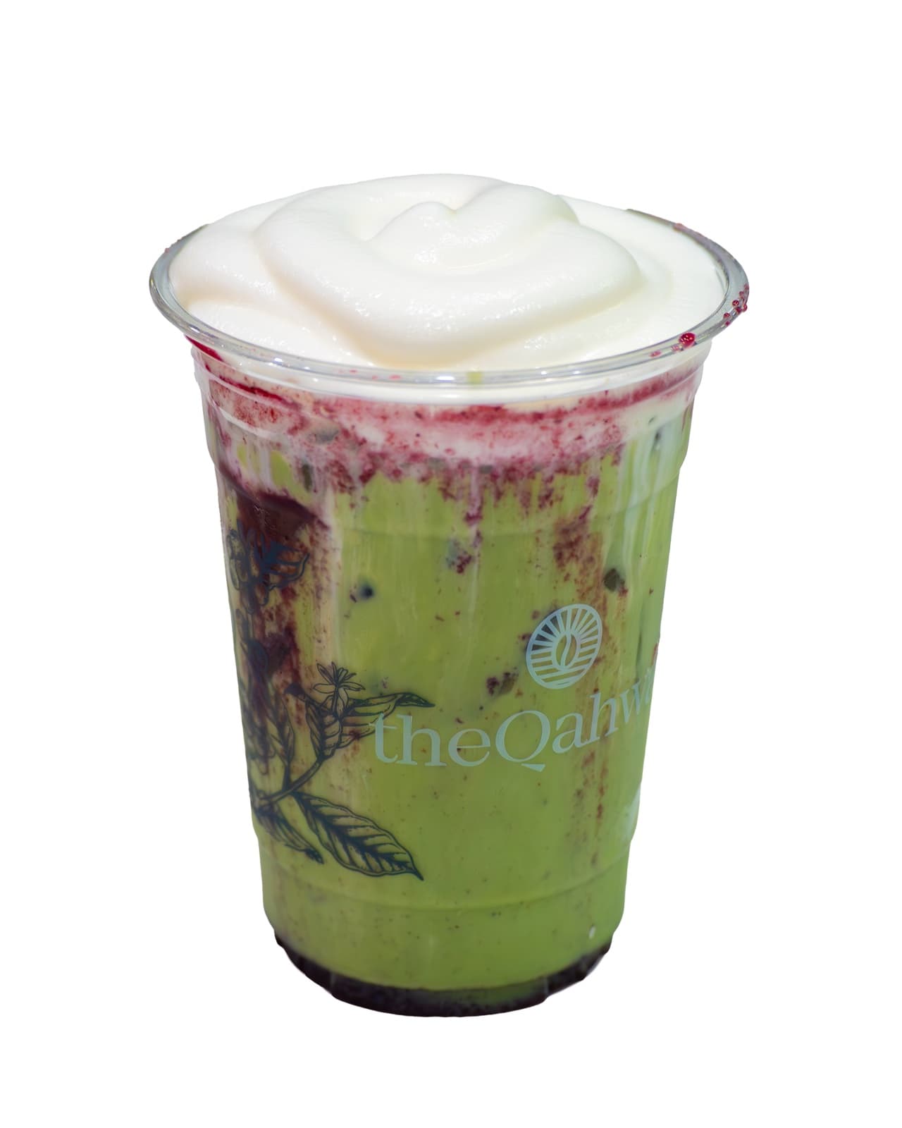 Blueberry Pandan Matcha in a clear theQahwa cup — pandan-and-matcha base streaked with blueberry compote under a soft white cream top.