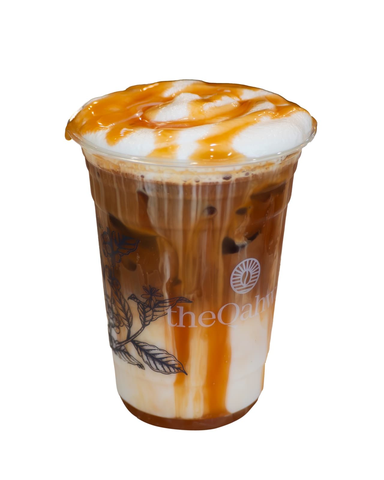Iced Caramel Macchiato in a clear theQahwa cup — espresso marking cold milk over ice, crowned with whipped cream and a caramel drizzle.