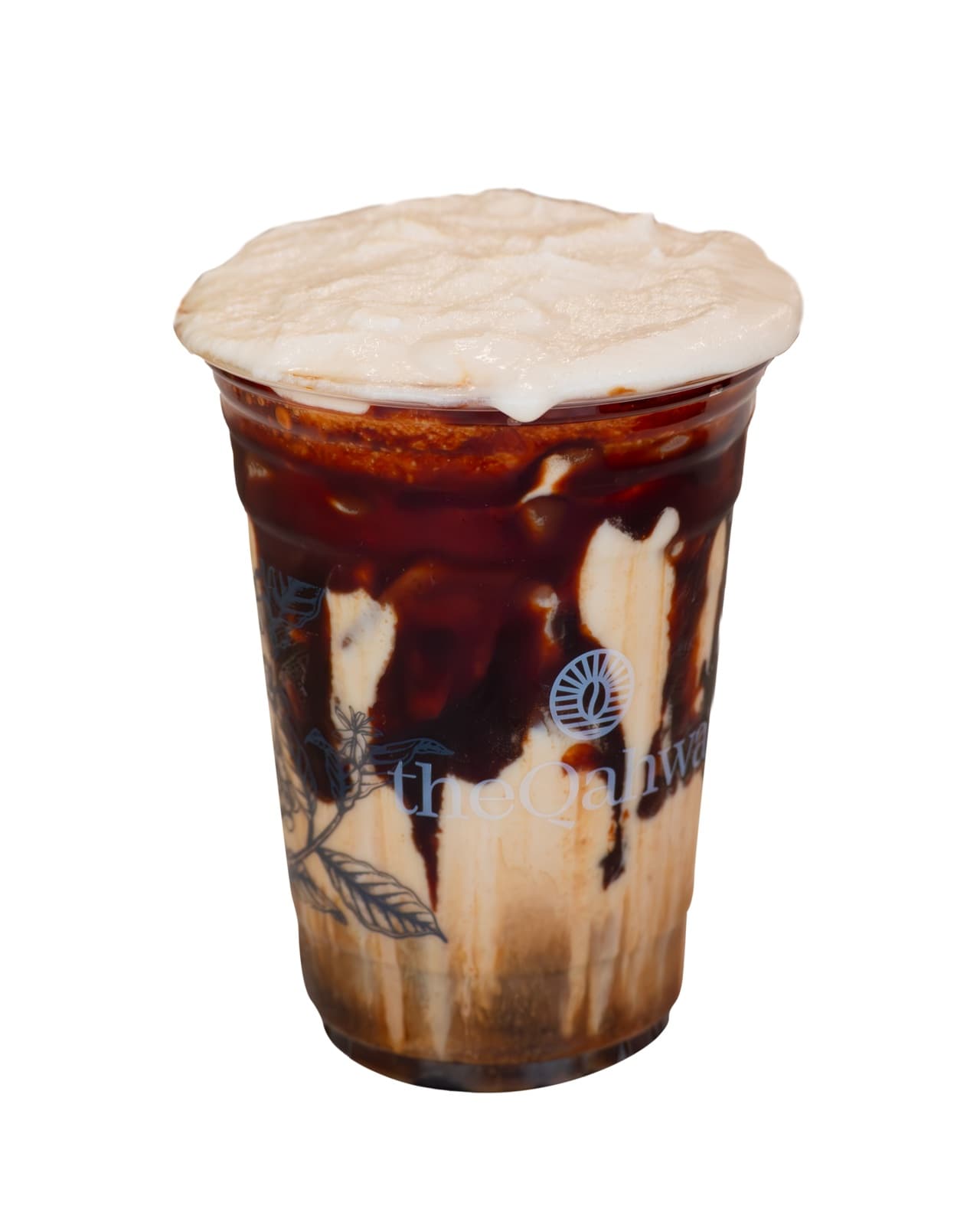 Iced Salted Date Latte in a clear theQahwa cup — dark date-and-espresso base over ice, finished with a sea-salt cream foam top.