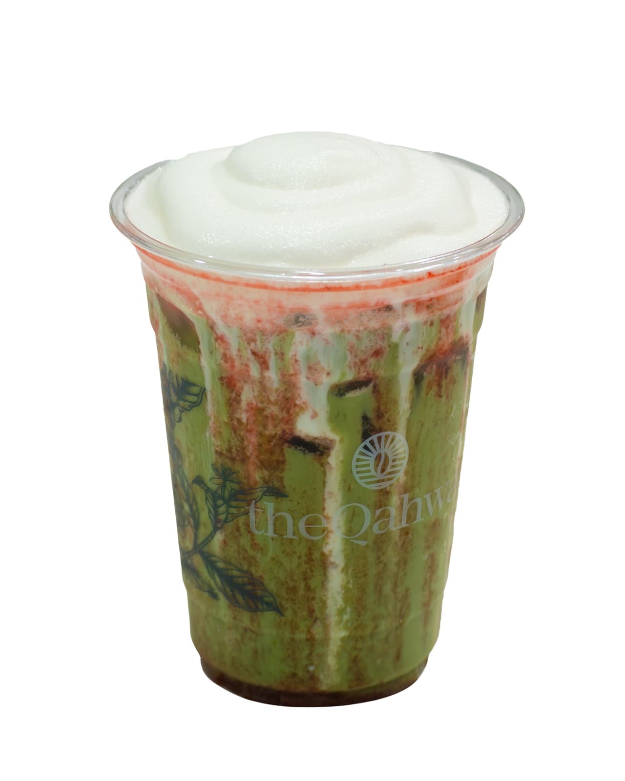Strawberry Coconut Matcha in a clear theQahwa cup — vivid green matcha streaked with strawberry sauce, finished with a soft white coconut-cream top.